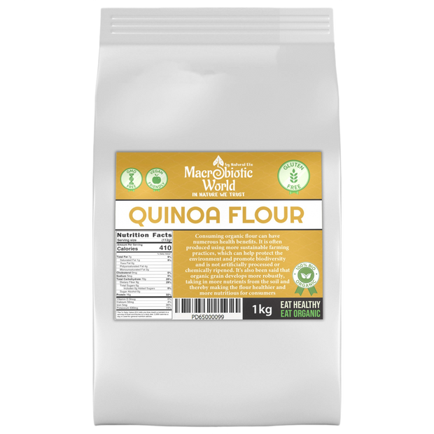 Bag of Macrobiotic World Quinoa Flour on a white background