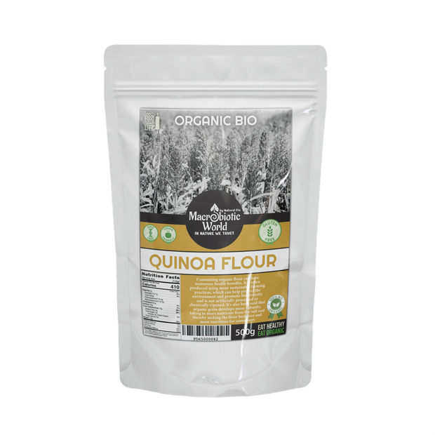 Package of Organic Bio Quinoa Flour from Macrobiotic World on a white background