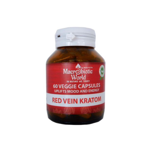 Bottle of Red Vein Kratom capsules with a red label on a white background