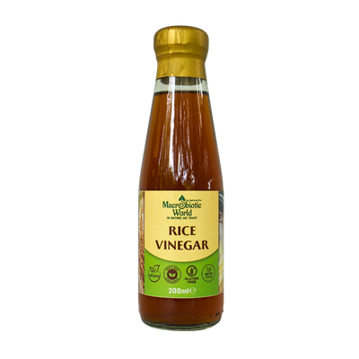 Bottle of Macrobiotic World Rice Vinegar on a white background