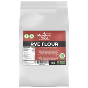Bag of Macrobiotic World Rye Flour on a white background