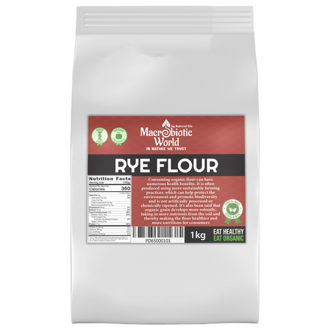 Bag of Macrobiotic World Rye Flour on a white background