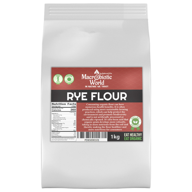 Bag of Macrobiotic World Rye Flour on a white background