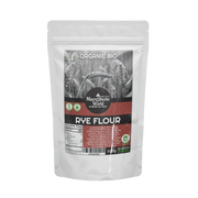 Package of organic rye flour with a white background