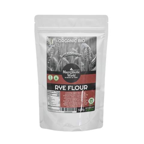 Package of organic rye flour with a white background