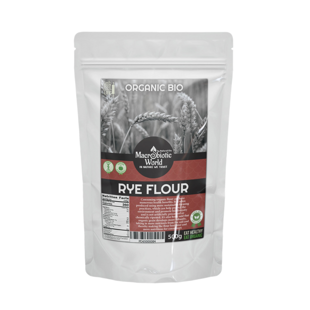 Package of organic rye flour with a white background