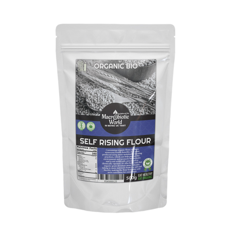 Bag of Organic Bio self-rising flour with a visible label on a white background