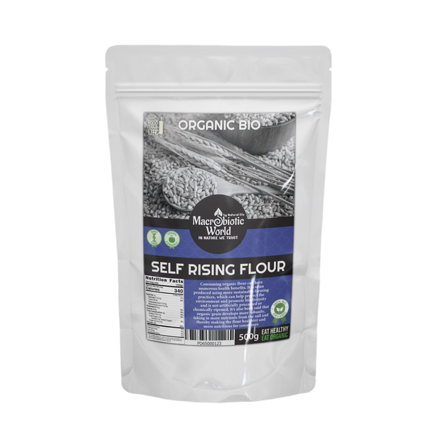 Bag of Organic Bio self-rising flour with a visible label on a white background