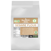 Bag of Macrobiotic World Sesame Flour with label on a white background