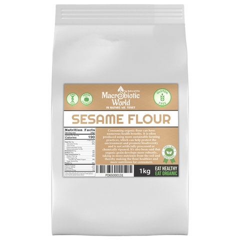 Bag of Macrobiotic World Sesame Flour with label on a white background