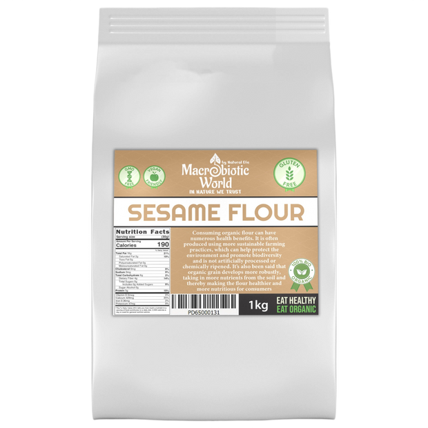 Bag of Macrobiotic World Sesame Flour with label on a white background
