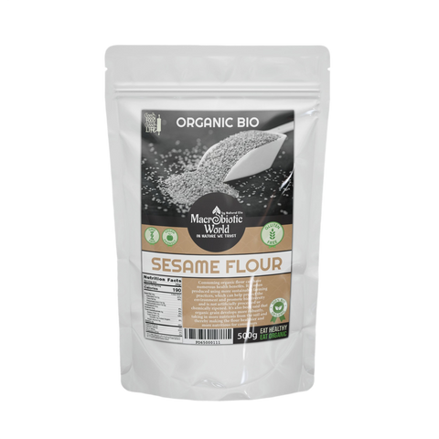 Package of Organic Bio Sesame Flour from Macrobiotic World on a white background