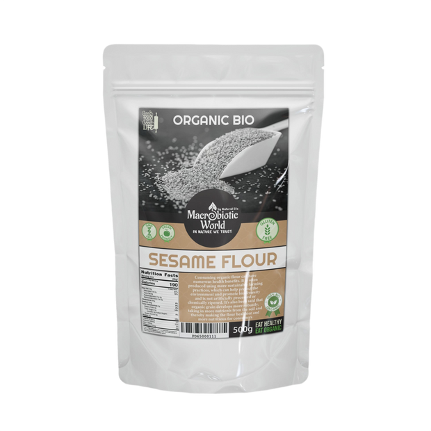 Package of Organic Bio Sesame Flour from Macrobiotic World on a white background
