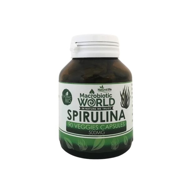 Bottle of Macrobiotic World Spirulina capsules on a white background