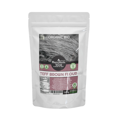 Bag of Organic Bio Macriotic World Teff Brown Flour on a white background