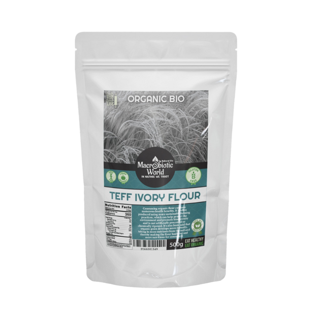 Package of Organic Bio Teff Ivory Flour from Macrobiotic World on a white background