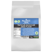 Bag of Macrobiotic World Triticum Dicoccum (Zea) Flour with a blue label on a white background