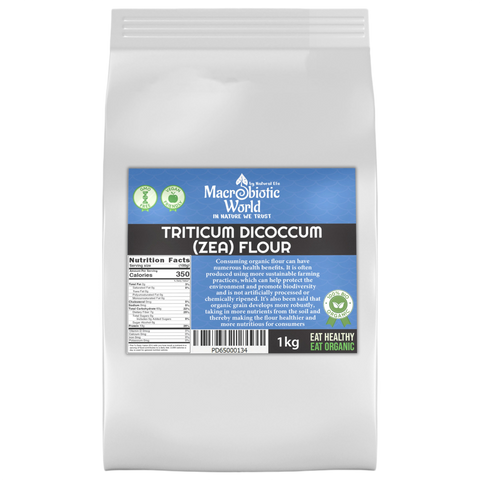 Bag of Macrobiotic World Triticum Dicoccum (Zea) Flour with a blue label on a white background