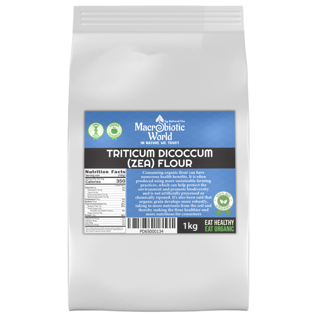 Bag of Macrobiotic World Triticum Dicoccum (Zea) Flour with a blue label on a white background