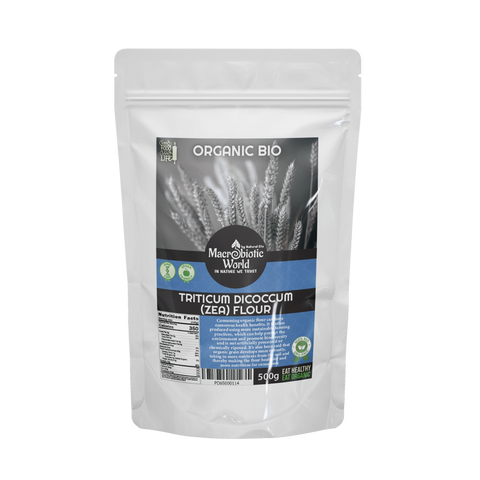 Bag of Organic Bio Triticum Dicoccum Zea Flour with branding on a white background
