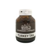 Bottle of Macrobiotic World Turkey Tail capsules on a white background
