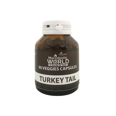 Bottle of Macrobiotic World Turkey Tail capsules on a white background