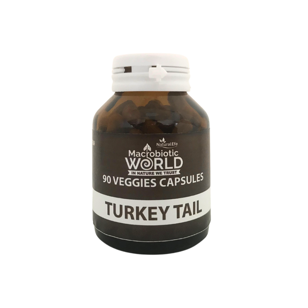 Bottle of Macrobiotic World Turkey Tail capsules on a white background