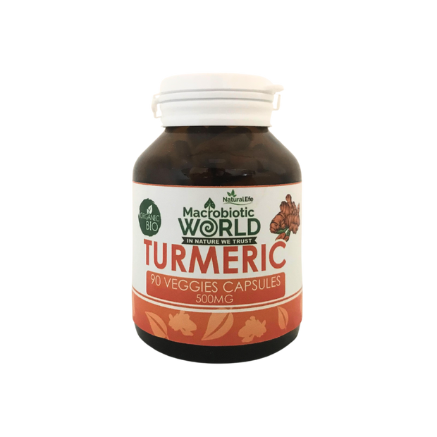 Bottle of Turmeric capsules from Macrobiotic World on a white background