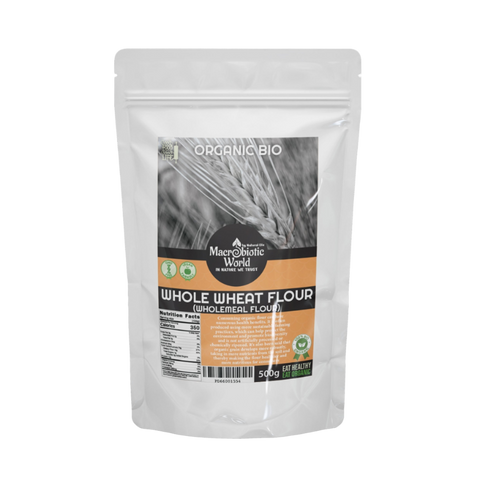 Package of Macrobiotic World whole wheat flour on a white background