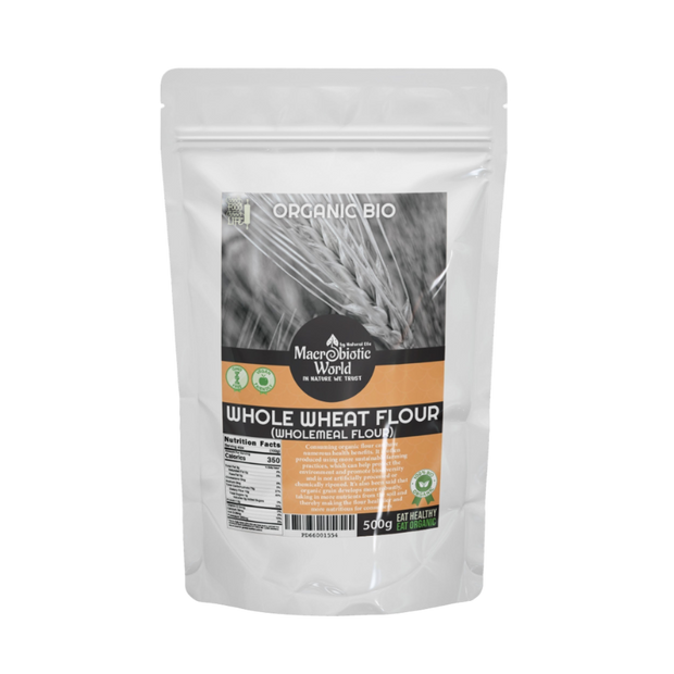 Package of Macrobiotic World whole wheat flour on a white background