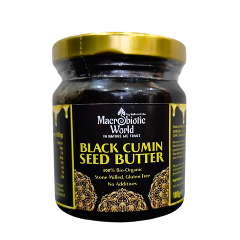 Jar of Macrobiotic World Black Cumin Seed Butter on a white background