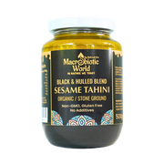 Jar of Macrobiotic World Black & Hulled Blend Sesame Tahini on a white background