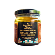 Jar of Macrobiotic World Sesame Tahini on a white background