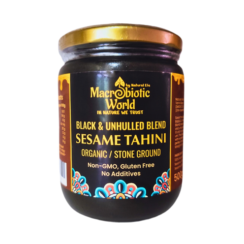 Jar of Macrobiotic World Sesame Tahini on a white background