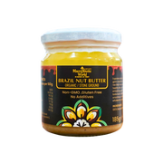 Jar of Brazil Nut Butter with decorative label on a white background
