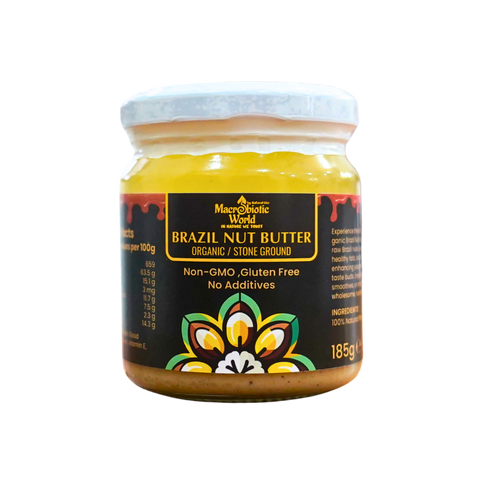 Jar of Brazil Nut Butter with decorative label on a white background
