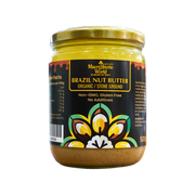 Jar of Brazil Nut Butter with a decorative label on a white background