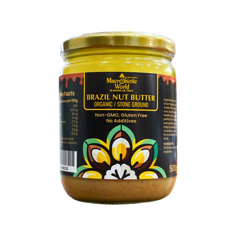 Jar of Brazil Nut Butter with a decorative label on a white background