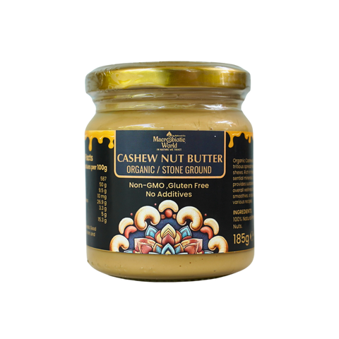 Jar of cashew nut butter with decorative label on a white background