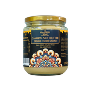 Jar of cashew nut butter with decorative label on a white background