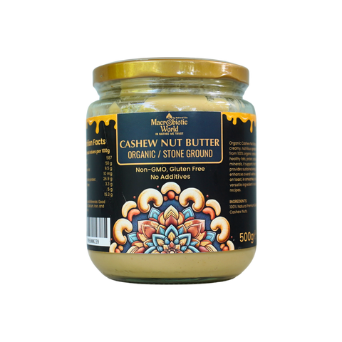 Jar of cashew nut butter with decorative label on a white background