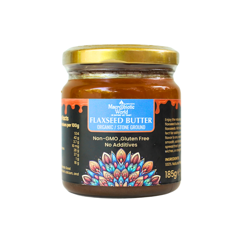 Jar of flaxseed butter with decorative label on a white background