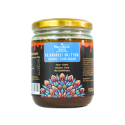 Jar of flaxseed butter with a colorful label on a white background