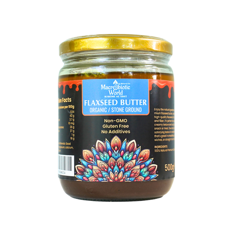 Jar of flaxseed butter with a colorful label on a white background