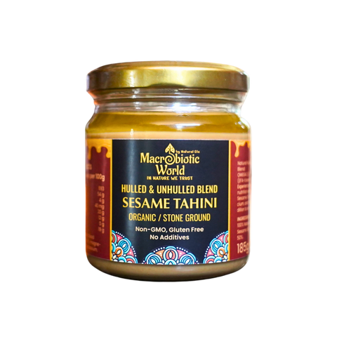 Jar of Macrobiotic World Sesame Tahini on a white background