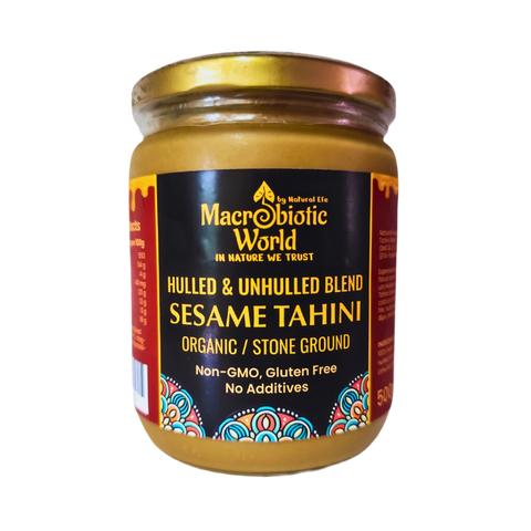 Jar of Macrobiotic World Sesame Tahini on a white background