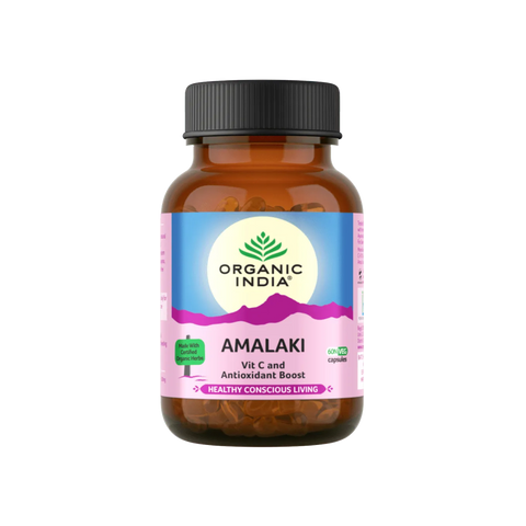 Bottle of Organic India Amalaki supplement on a white background