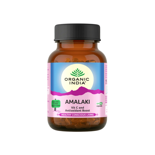 Bottle of Organic India Amalaki supplement on a white background