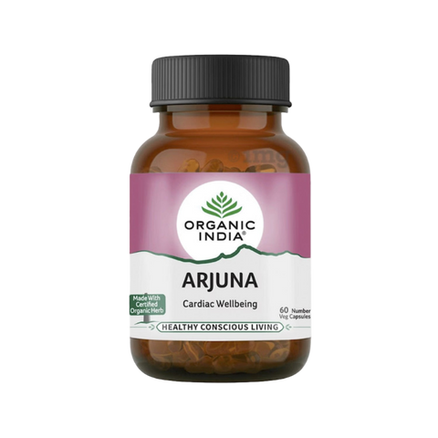 Bottle of Organic India Arjuna supplement on a white background