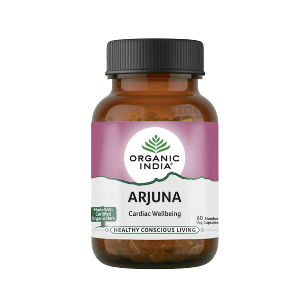 Bottle of Organic India Arjuna supplement on a white background